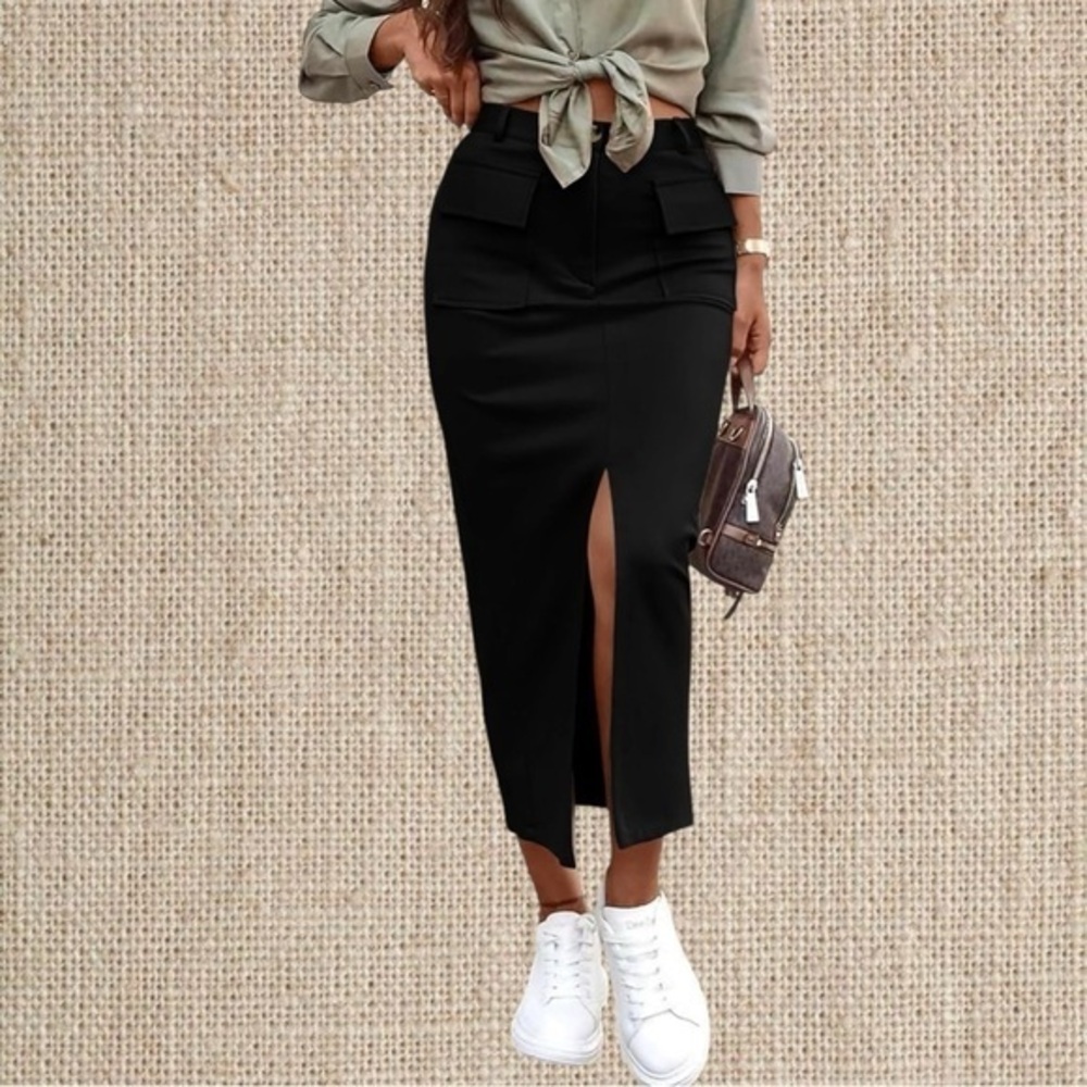 Black Midi Pencil Skirt with Slit